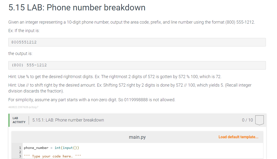 Solved Given an integer representing a 10-digit phone | Chegg.com