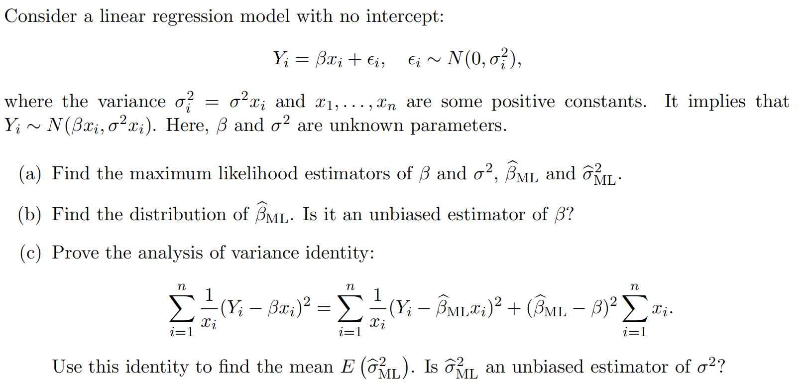 Solved Consider a linear regression model with no intercept: | Chegg.com