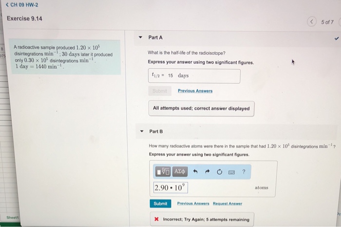 Solved CH 09 HW-2 Exercise 9.14 5 Of 7 PartA A Radioactive | Chegg.com