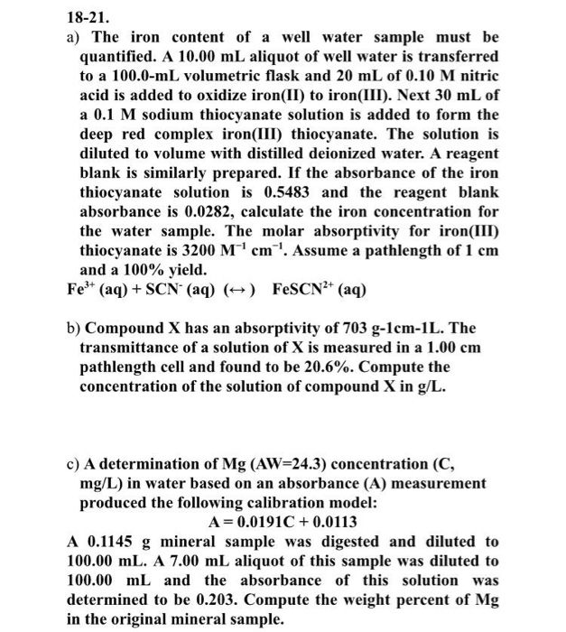 Solved 18-21 A) The Iron Content Of A Well Water Sample Must | Chegg.com