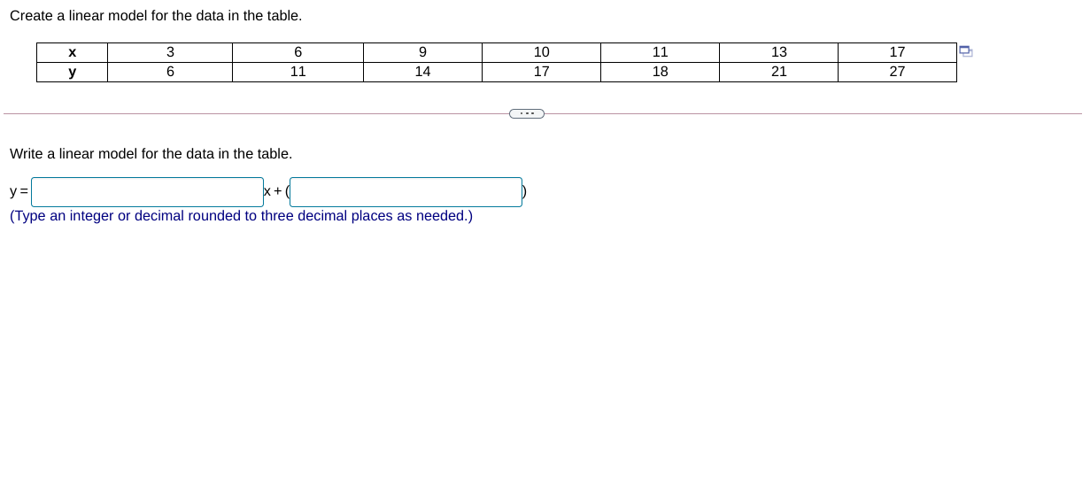 Solved Create a linear model for the data in the table. х 3 | Chegg.com