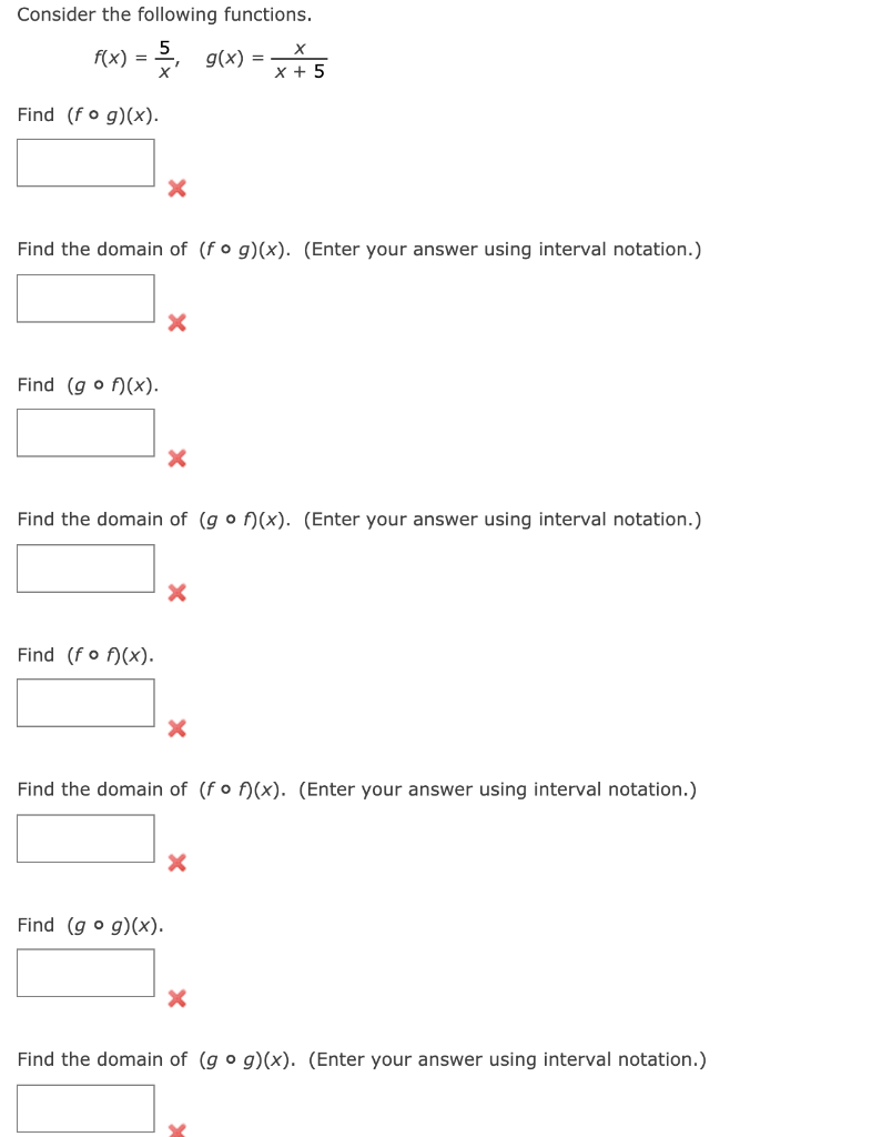 Solved Consider the following functions. f(x) = g(x) = x + 5 | Chegg.com