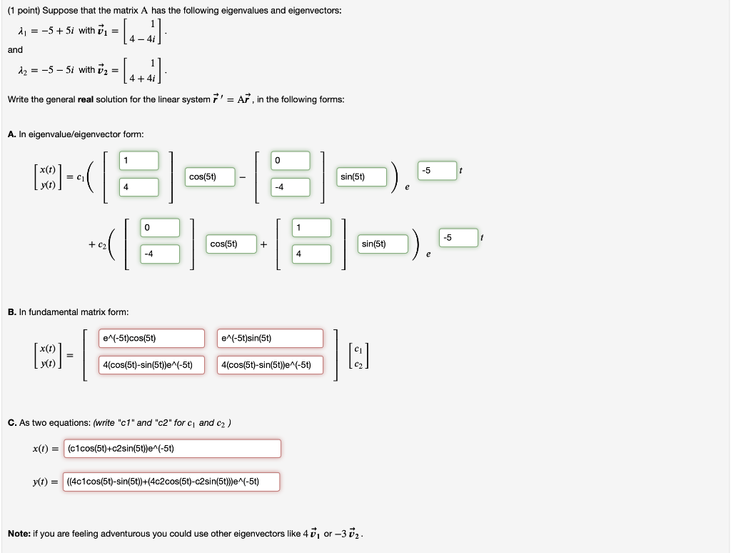 Solved (1 point) Suppose that the matrix A has the following | Chegg.com
