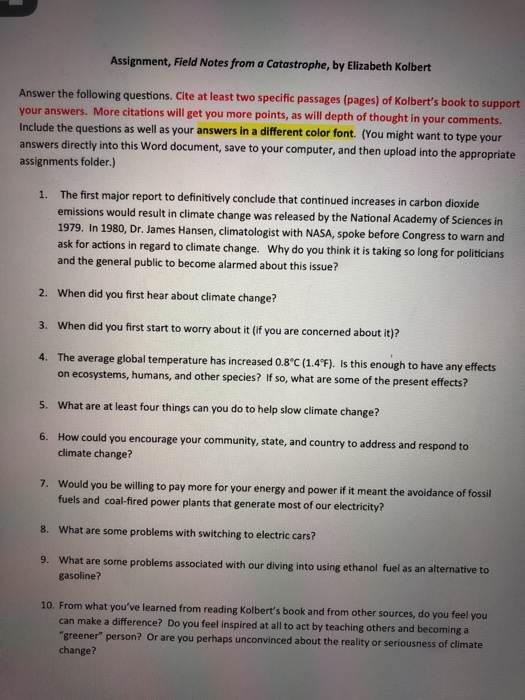 Solved Assignment, Field Notes from a Catastrophe, by