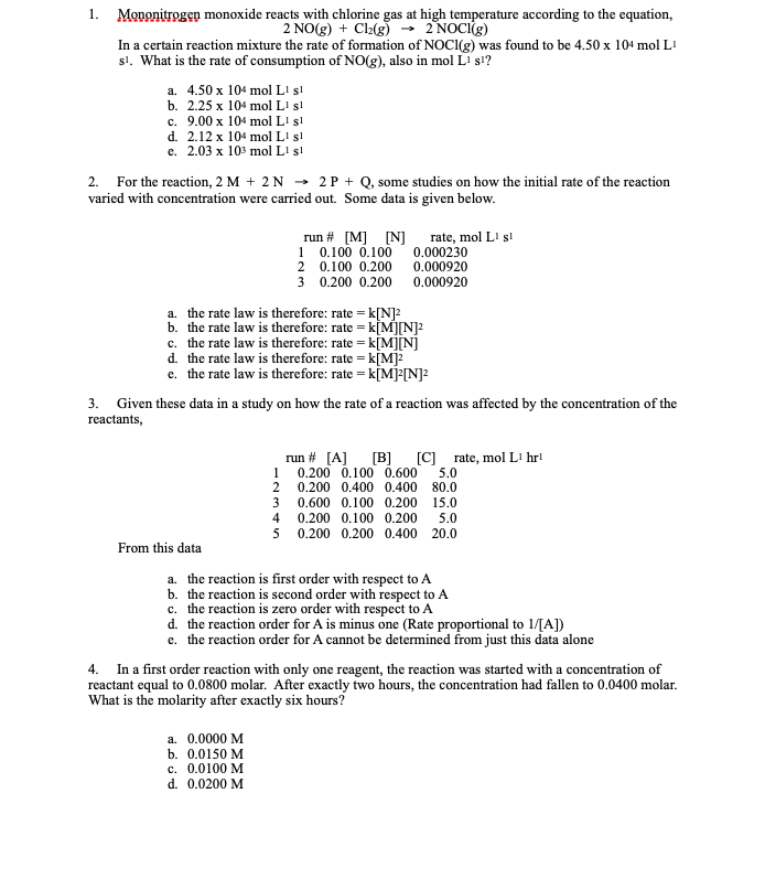 Solved 1. Mononitrogen monoxide reacts with chlorine gas at | Chegg.com