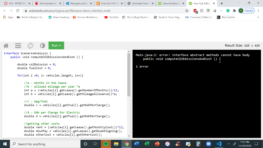 Solved w Java interface k X 3 Java Tryil Edilul X + X F20 - | Chegg.com