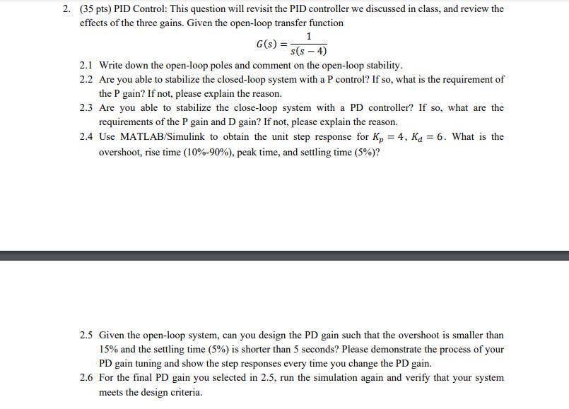 Solved 2. (35 pts) PID Control: This question will revisit | Chegg.com