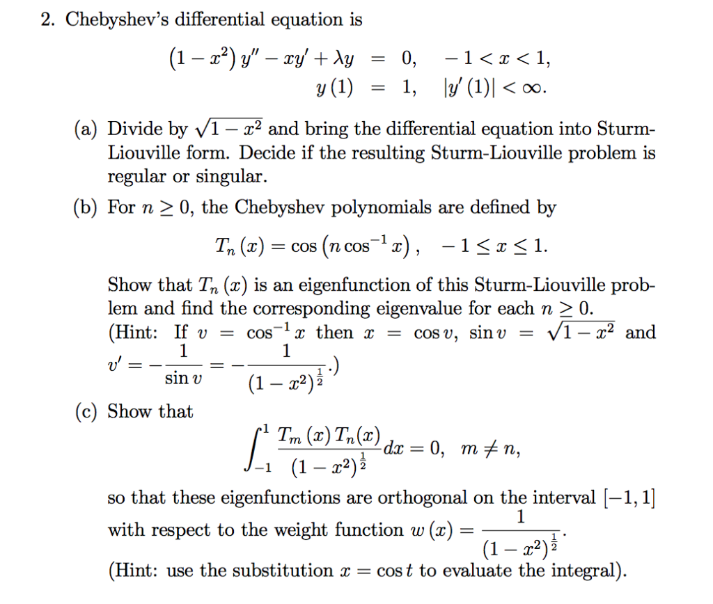 Solved 2 Chebyshev S Differential Equation Is A Divide By