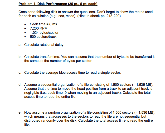 Problem 1. Disk Performance (25 pt., 5 pt. each) | Chegg.com