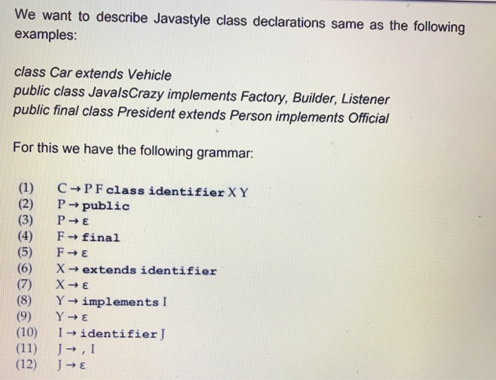 Solved We want to describe Javastyle class declarations same | Chegg.com