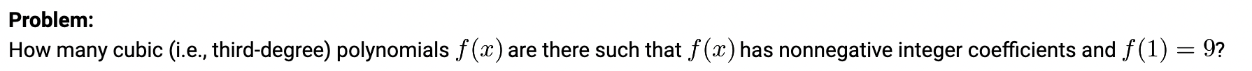 Problem:
How many cubic (i.e., third-degree) polynomials \( f(x) \) are there such that \( f(x) \) has nonnegative integer co