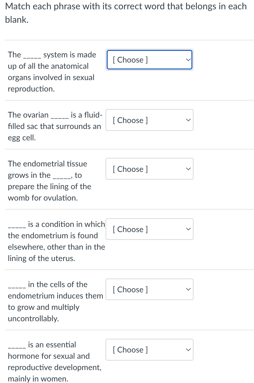 Solved Match each phrase with its correct word that belongs | Chegg.com
