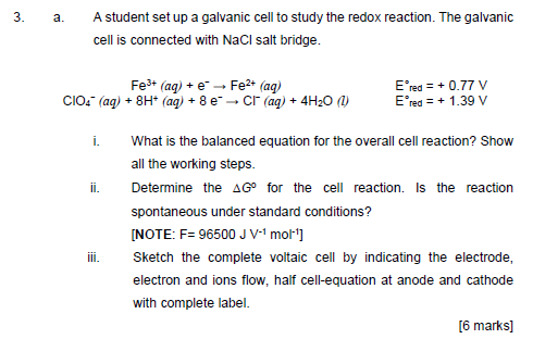 Solved 3. a. A student set up a galvanic cell to study the | Chegg.com