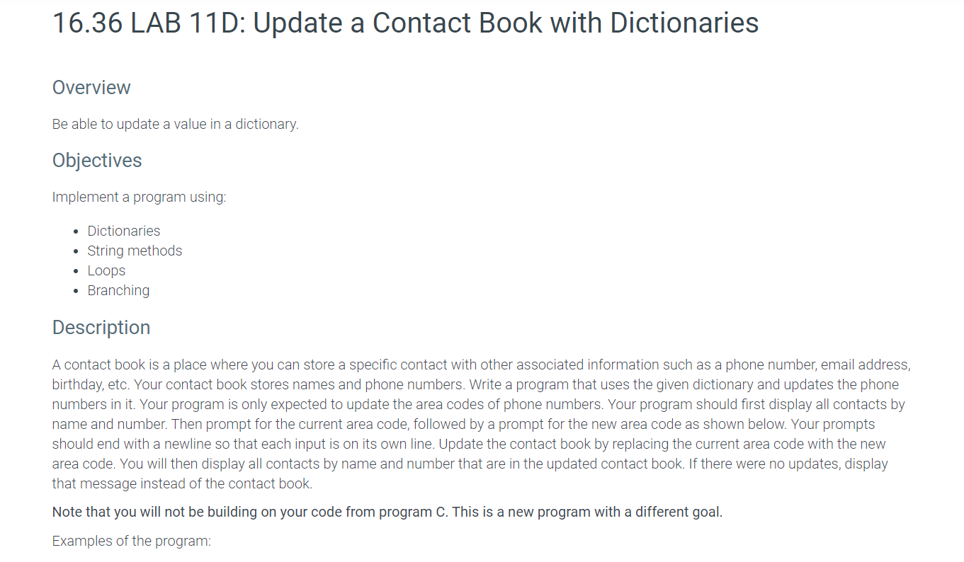 Solved 16.36 LAB 11D: Update a Contact Book with | Chegg.com