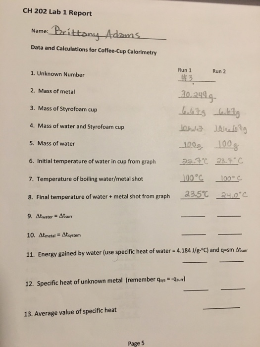 Solved CH 202 Lab 1 Report Name Data and Calculations for