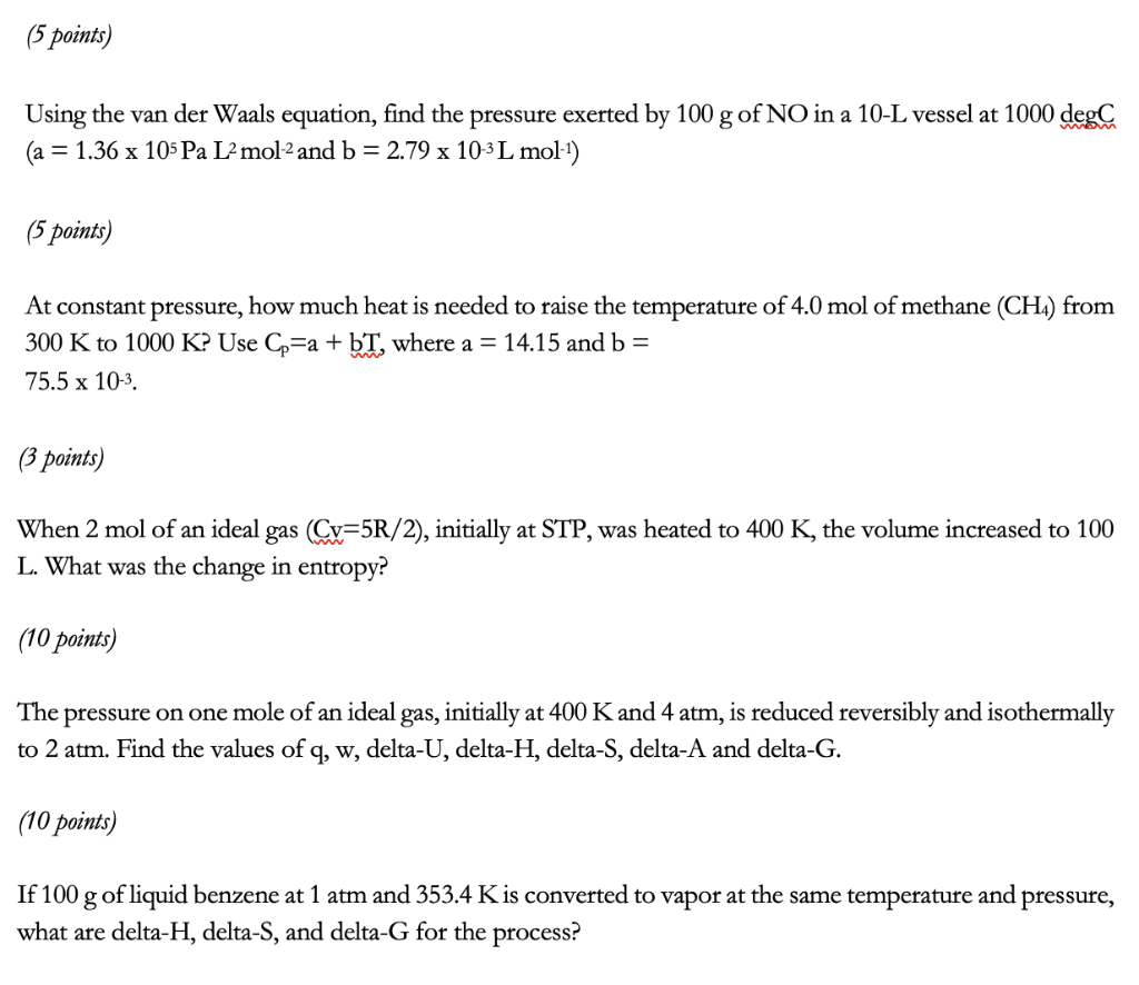 Solved (5 points) Using the van der Waals equation, find the | Chegg.com