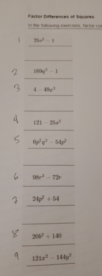 Solved Factor Differences of Squares In the following | Chegg.com