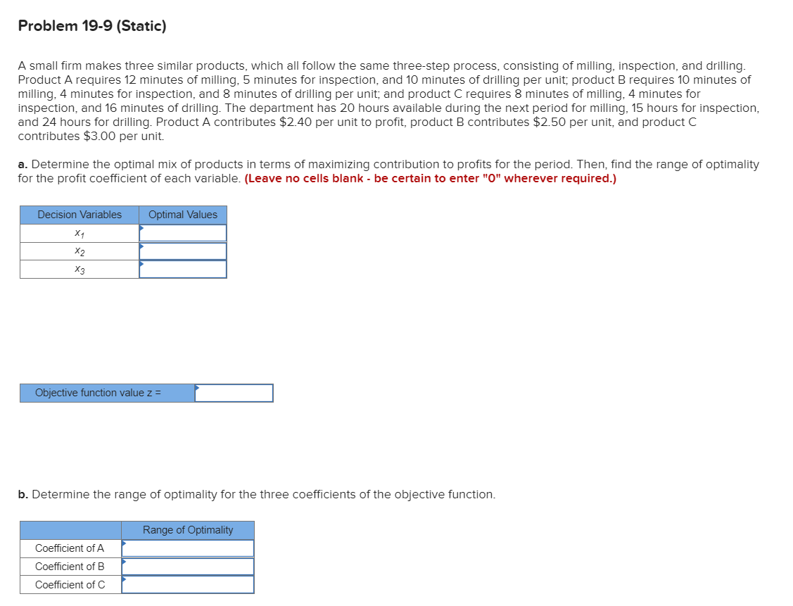 Solved Problem 19-9 (Static) A small firm makes three | Chegg.com