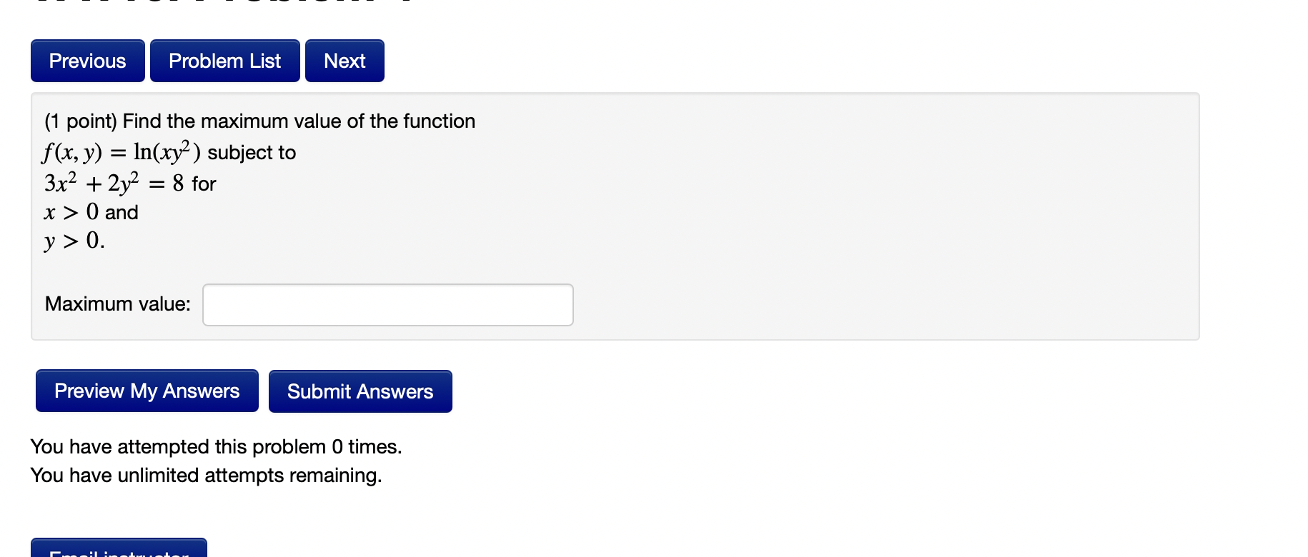 Solved (1 point) Find the maximum value of the function | Chegg.com