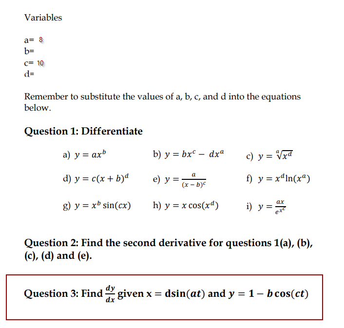 Solved Variables a=8b=c=10d= Remember to substitute the | Chegg.com