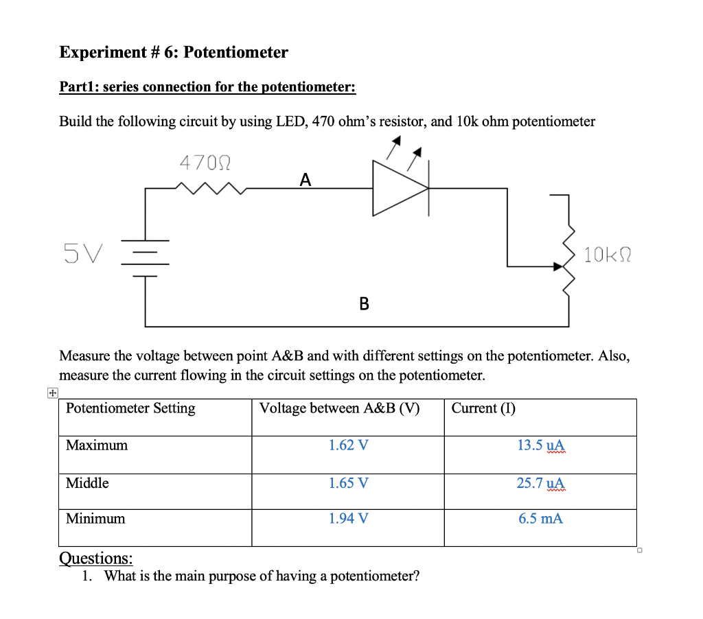 Solved Experiment 6 Potentiometer Part1 series connection