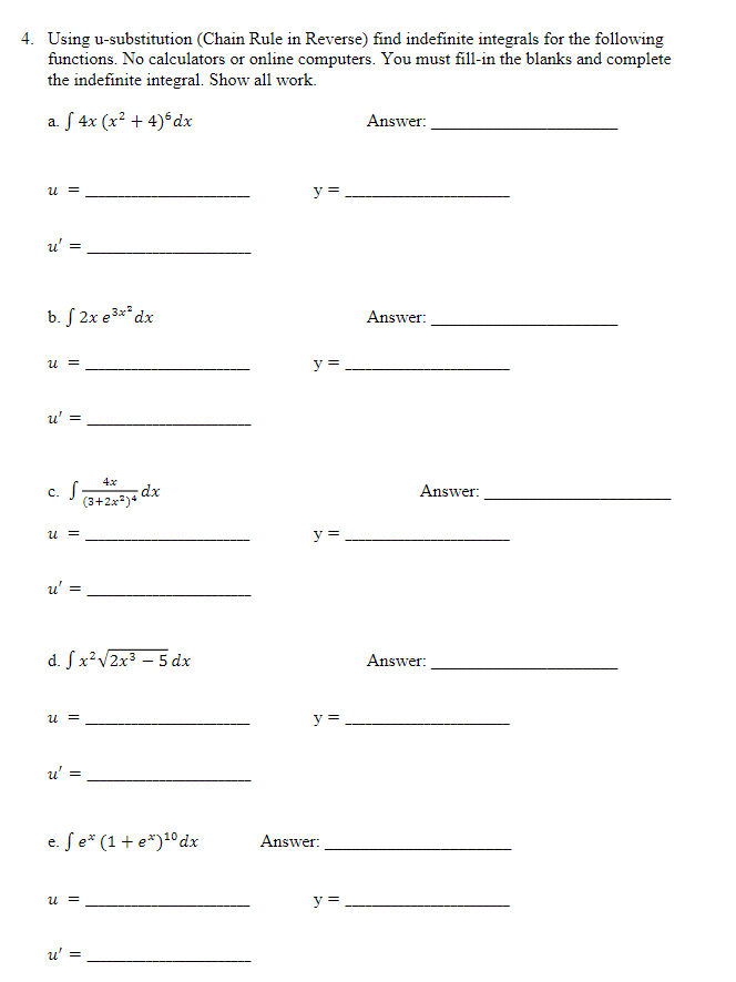 Solved 4. Using u-substitution (Chain Rule in Reverse) find | Chegg.com