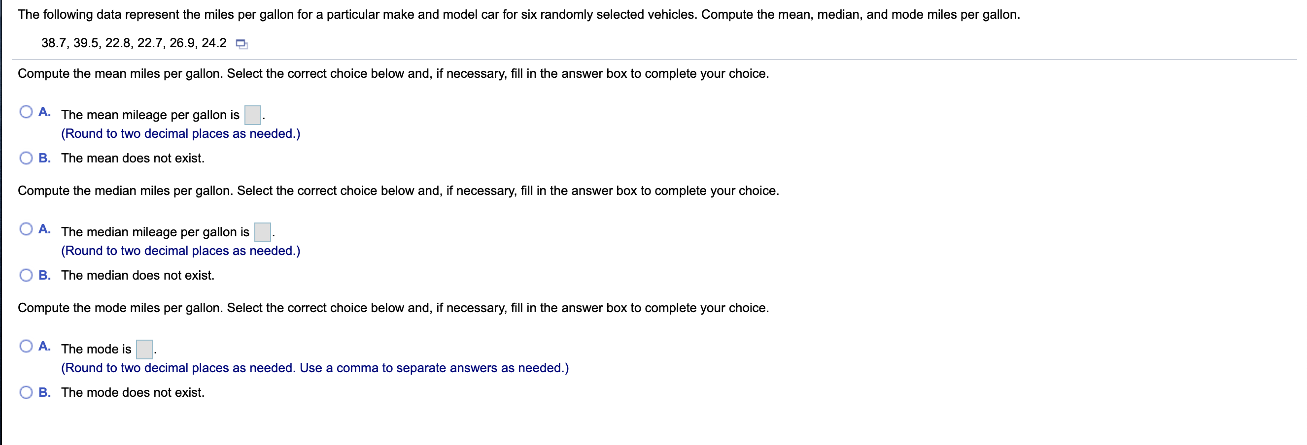 Solved The following data represent the miles per gallon for | Chegg.com