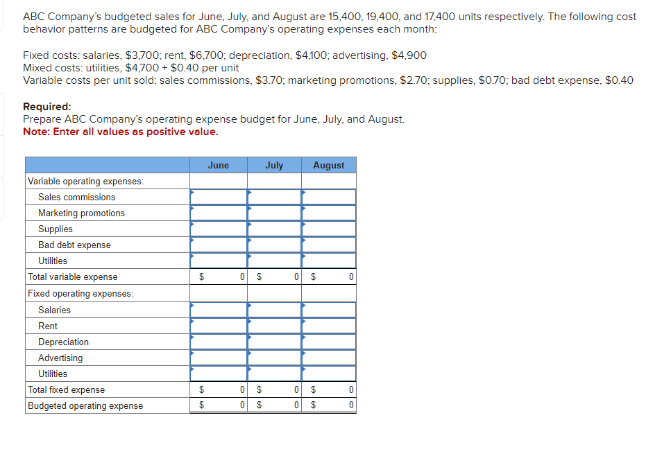 Solved abc company s budgeted sales for june july and chegg
