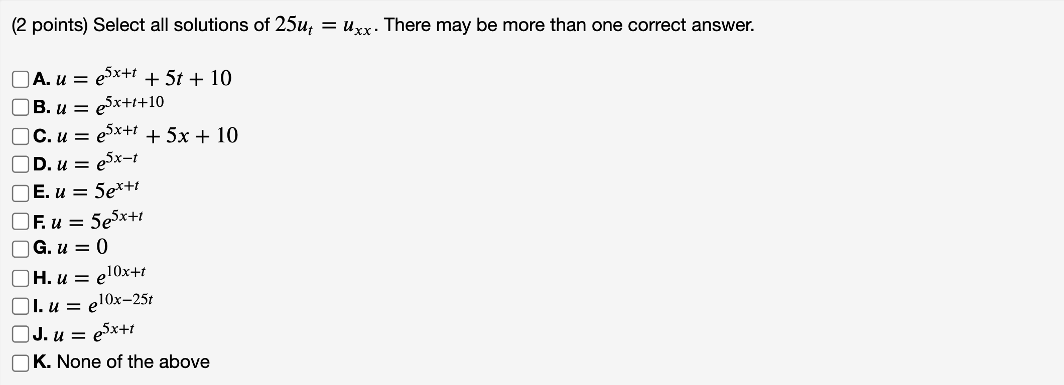 Solved (2 points) Select all solutions of 2544 = Uxx. There | Chegg.com