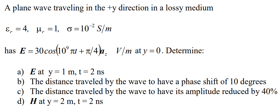Solved A Plane Wave Traveling In The Y Direction In A Lo Chegg Com