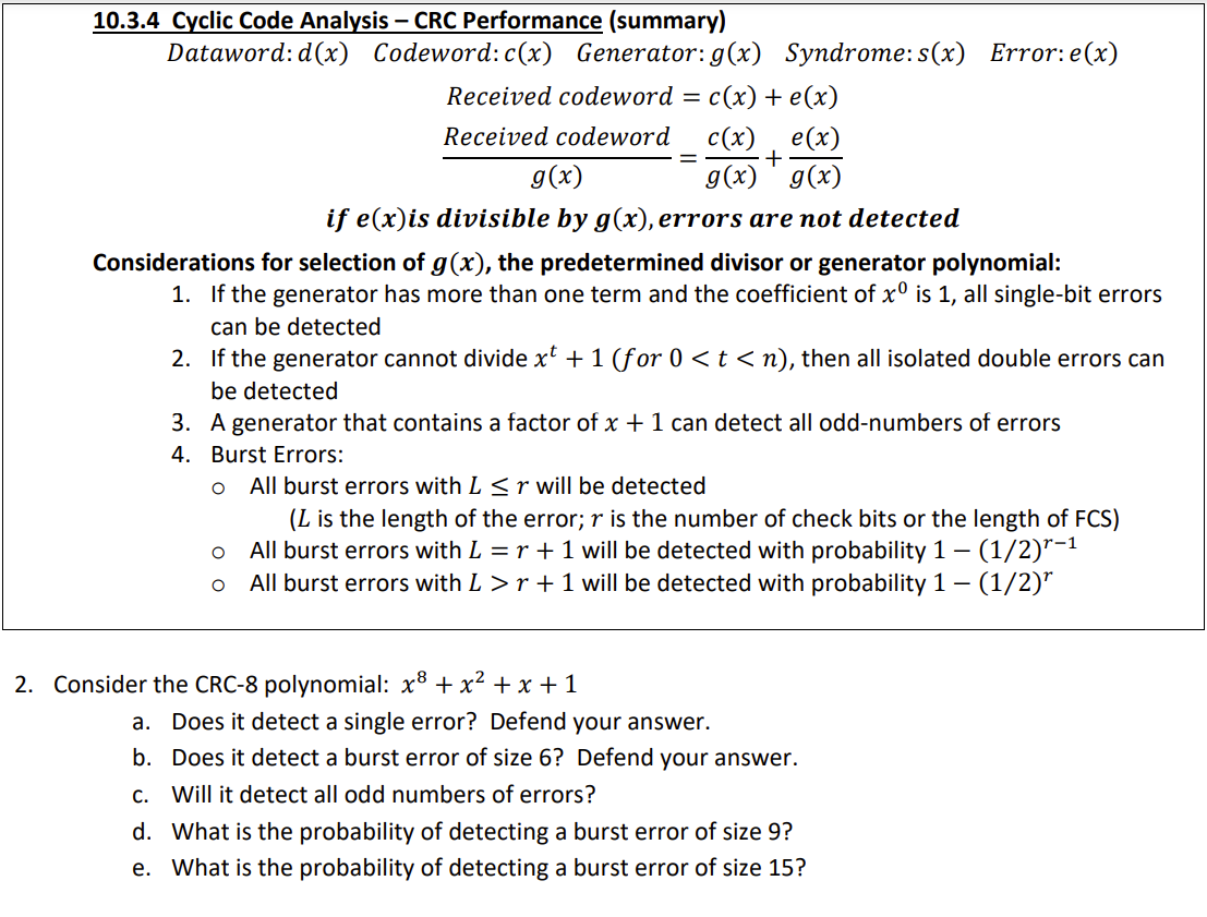 Solved 10.3.4 Cyclic Code Analysis - CRC Performance | Chegg.com