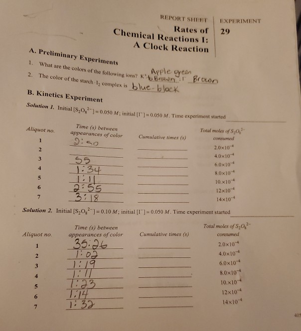 REPORT SHEET Rates of Chemical Reactions I A Clock