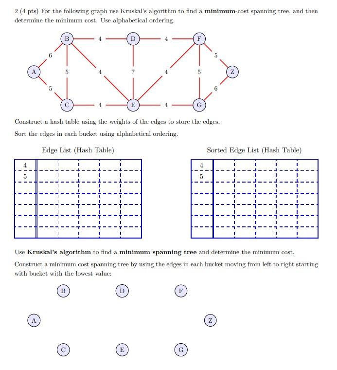 Solved 2 (4 pts) For the following graph use Kruskal's | Chegg.com