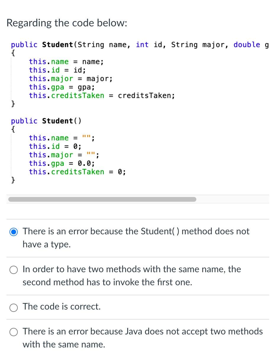 Solved Regarding the code below: public Student(String name, | Chegg.com