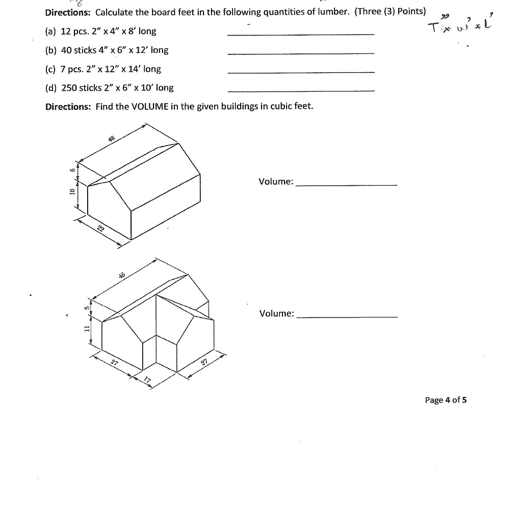 Lumber Math Equations Solved Directions: Calculate the board feet in the following | Chegg.com