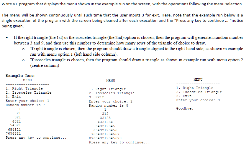 Solved Write a C program that displays the menu shown in the | Chegg.com
