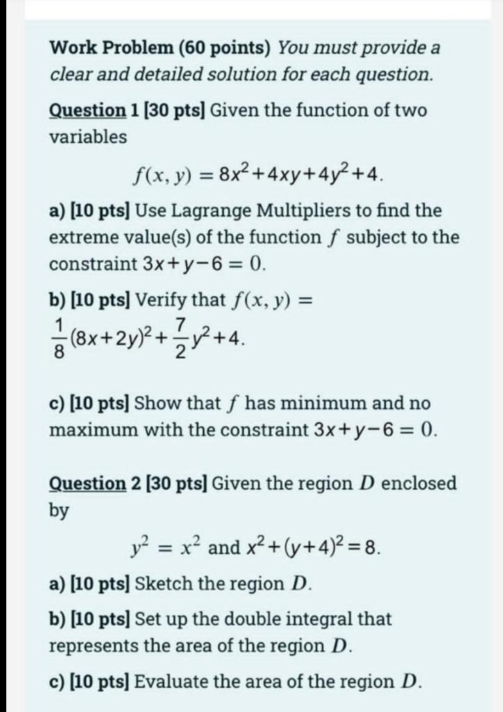 Solved Work Problem (60 points) You must provide a clear and | Chegg.com