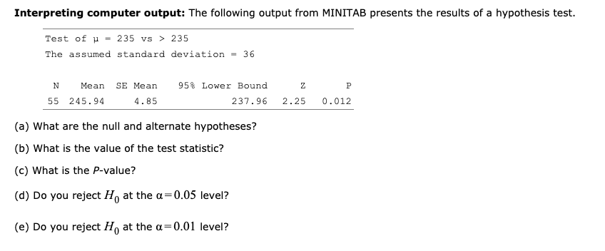 Solved Interpreting computer output: The following output | Chegg.com