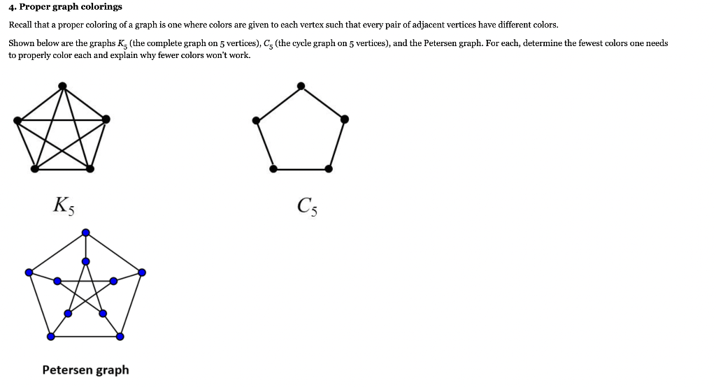 4. Proper graph colorings
Recall that a proper coloring of a graph is one where colors are given to each vertex such that eve
