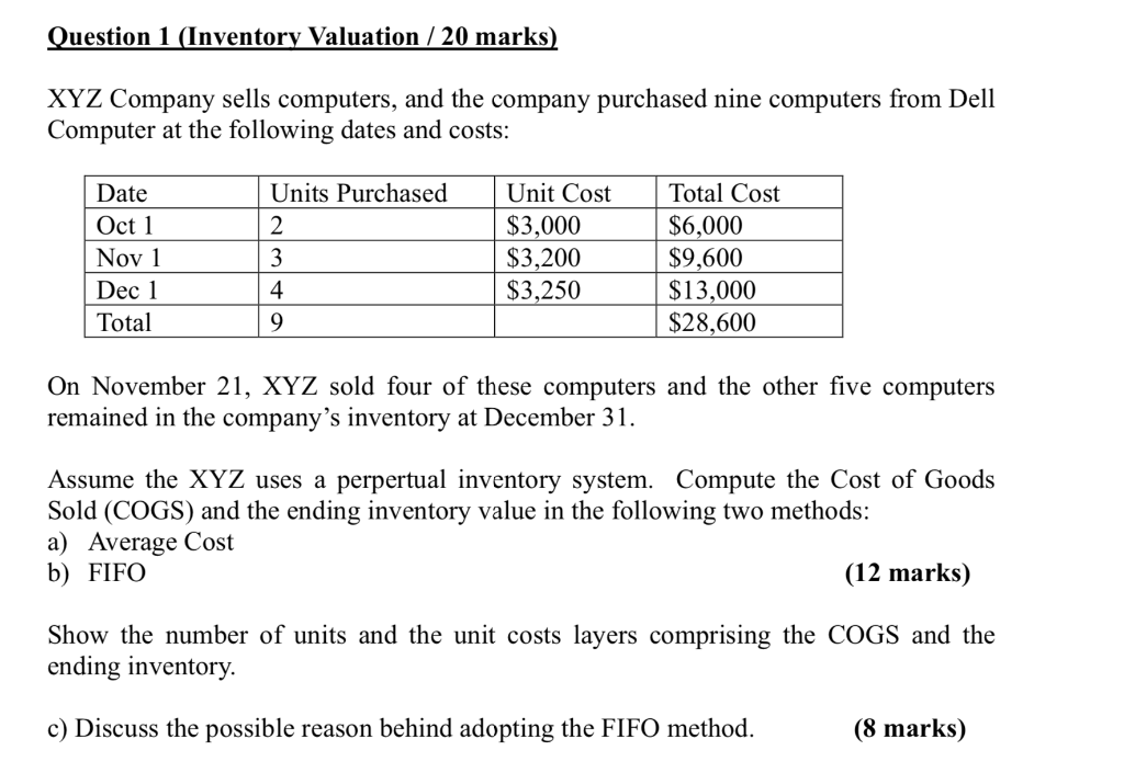 Solved Question 1 (Inventory Valuation / 20 marks) XYZ | Chegg.com