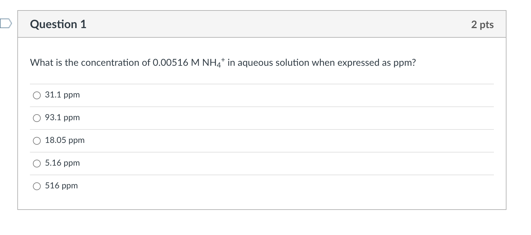 Solved Question 1 2 pts What is the concentration of 0.00516 | Chegg.com