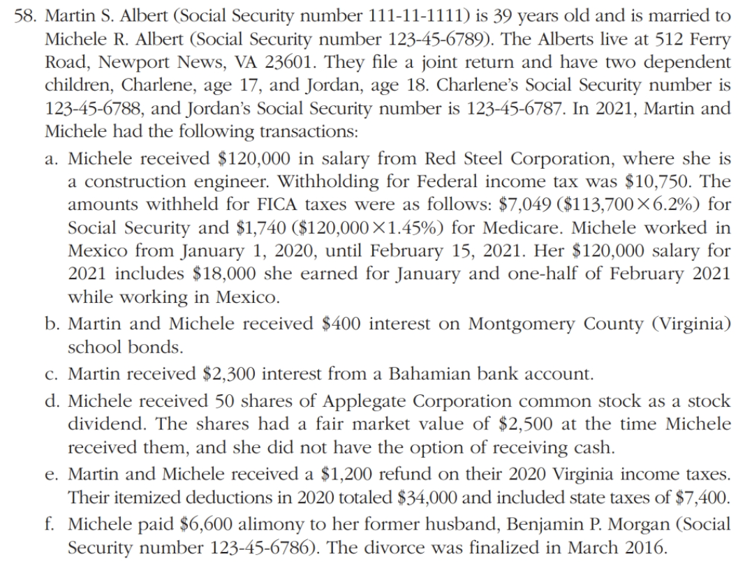 Solved 58. Martin S. Albert Social Security number Chegg