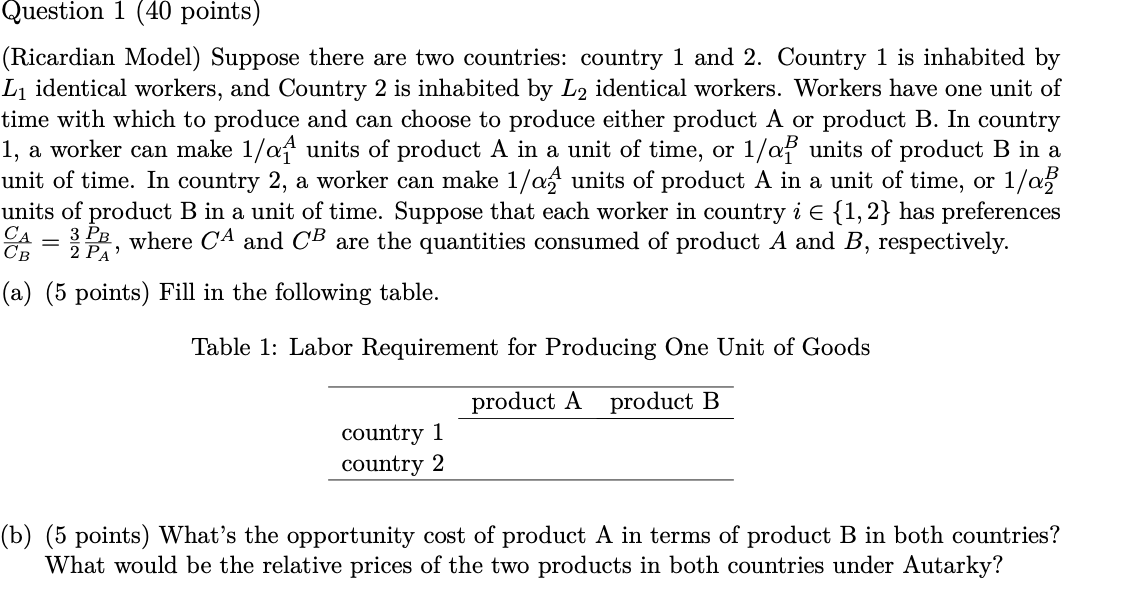 Solved Question 1 (40 points) (Ricardian Model) Suppose | Chegg.com
