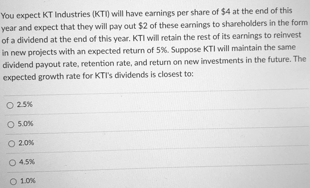 Solved You expect KT Industries (KTI) will have earnings per | Chegg.com