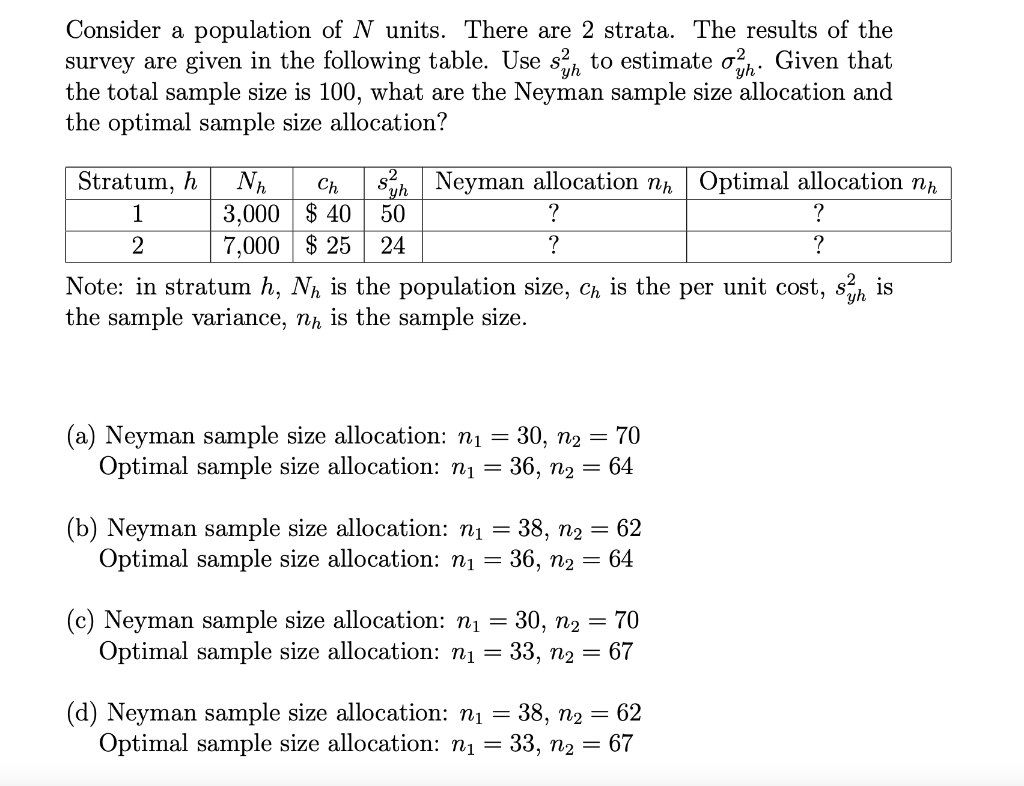 Solved Consider a population of N units. There are 2 strata. | Chegg.com