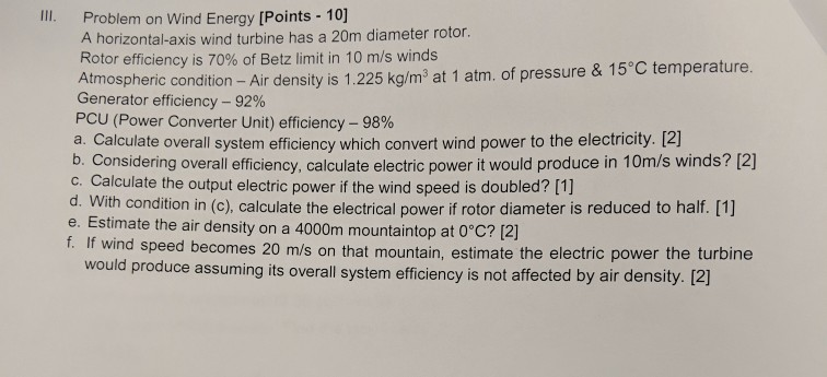 Solved IlI. Problem on Wind Energy [Points- 10] | Chegg.com