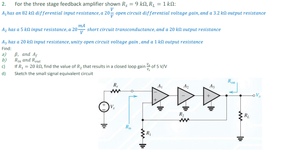 Solved 2. For the three stage feedback amplifier shown Rs-9 | Chegg.com