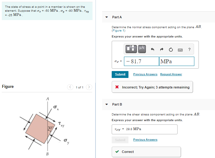 Solved The state of stress at a point in a member is shown | Chegg.com