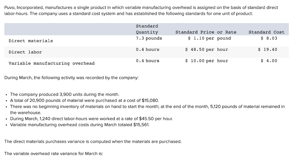 Solved Puvo Incorporated Manufactures A Single Product In Chegg