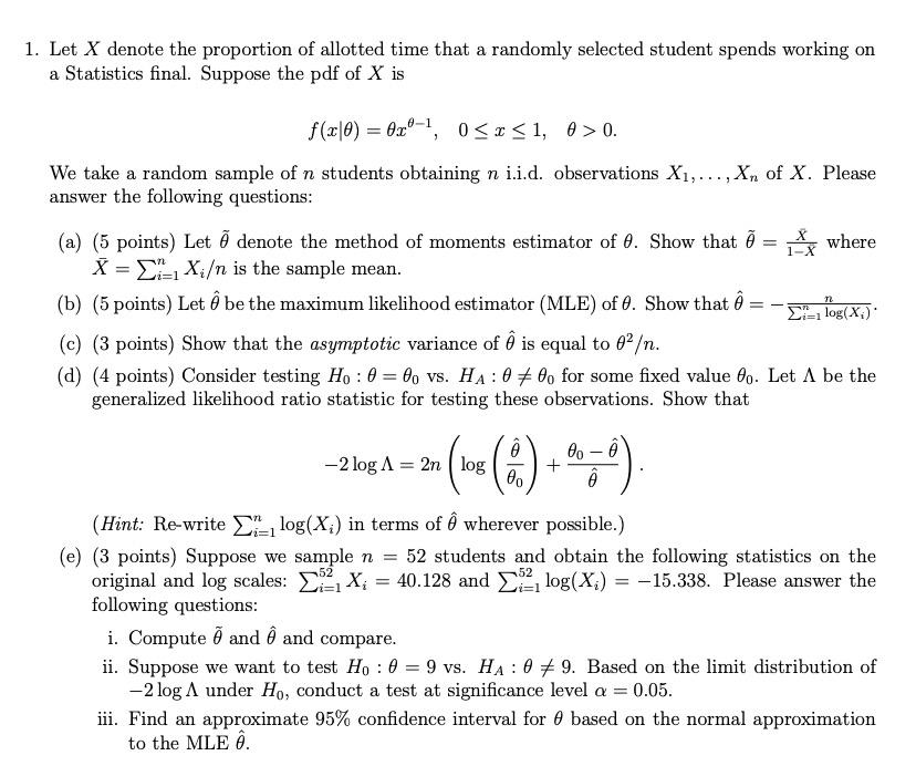 Solved 1 Let X Denote The Proportion Of Allotted Time Th Chegg Com